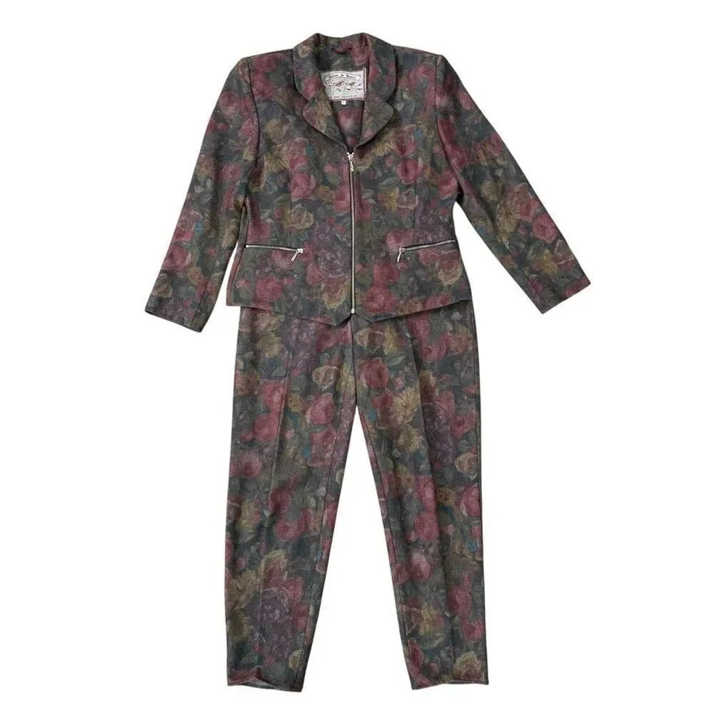 Ann Christine vintage wool blend floral pantsuit blazer size L, pants size 40